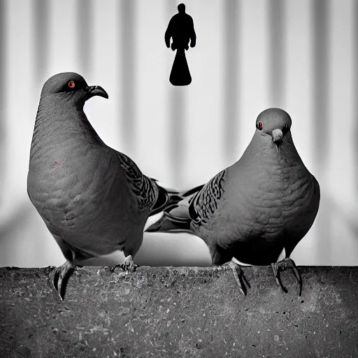 Prompt: gangsta pigeons on a hiphop album cover, black and white, wide angle