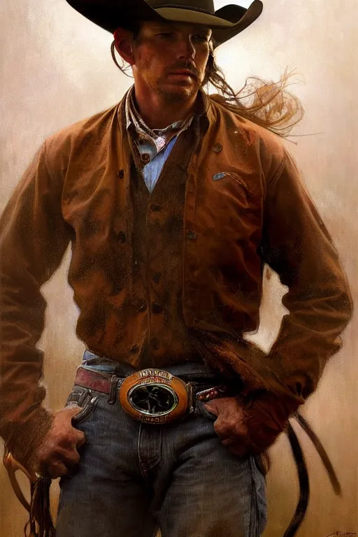 Image similar to hyperrealist portrait of a rodeo cowboy by jeremy mann and alphonse mucha, fantasy art, photo realistic, dynamic lighting, artstation, poster, volumetric lighting, very detailed faces, 4 k, award winning