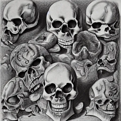 Prompt: skulls, hyperbolic tesselation by mc escher and jamnitzer and gustave dore