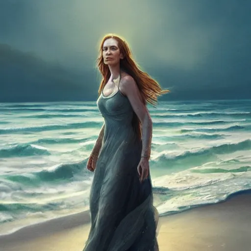 Image similar to A beautiful woman walking on the beach towards the viewer, high detail, 8K illustration, dynamic lighting, digital art, colorful, beautiful facial features, long hair, blue eyes sunny, art by Leesha Hannigan and Greg Rutkowski,