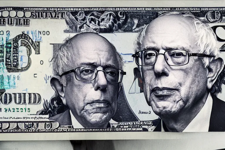 Image similar to closeup potrait of bernie sanders giving you a crisp hundred dollar bill in a washington street, screen light, sharp, detailed face, magazine, press, photo, Steve McCurry, David Lazar, Canon, Nikon, focus