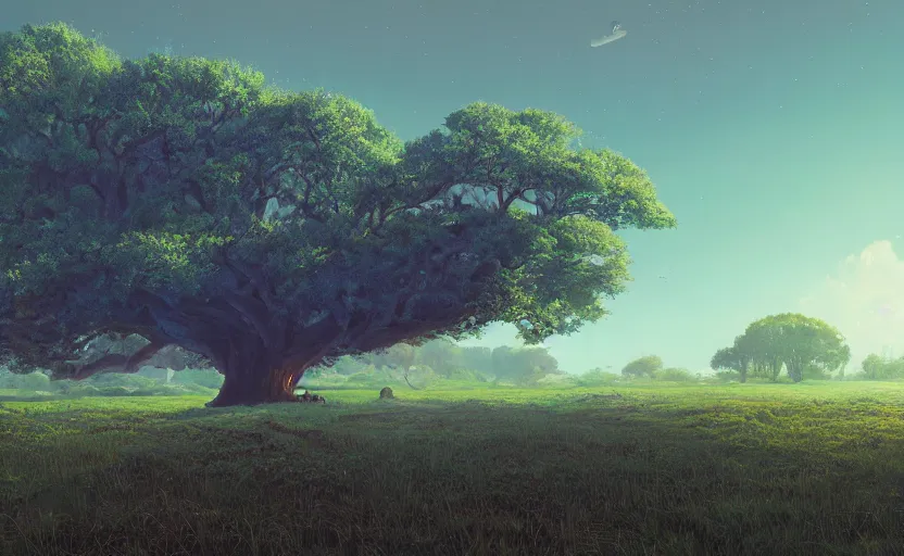 Image similar to A landscape with a giant oak tree in the spring morning, Low level, rendered by Beeple, Makoto Shinkai, syd meade, simon stålenhag, environment concept, synthwave style, digital art, unreal engine, WLOP, trending on artstation, 4K UHD image, octane render,