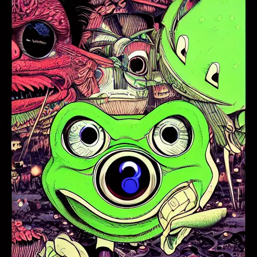 Image similar to portrait of pepe the frog wearing vr headset, symmetrical, by yoichi hatakenaka, masamune shirow, josan gonzales and dan mumford, ayami kojima, takato yamamoto, barclay shaw, karol bak, yukito kishiro