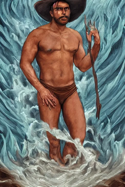 Prompt: a dramatic, epic, ethereal tarot painting of a handsome brown shirtless man (dressed as a cowboy) | background is a torrential flooding river | tarot card, art deco, art nouveau | by Mark Maggiori | trending on artstation