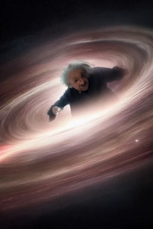 Prompt: intricate color photo of albert einstein falling into a black hole, movie still from interstellar, 8 k octane beautifully detailed render