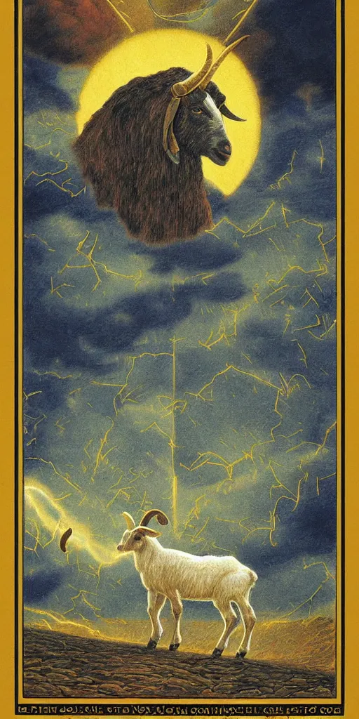 Prompt: tarot card of a goat, capricorn envisioned by johfra bosschart sky realistic stormcloud with glimpses of flares