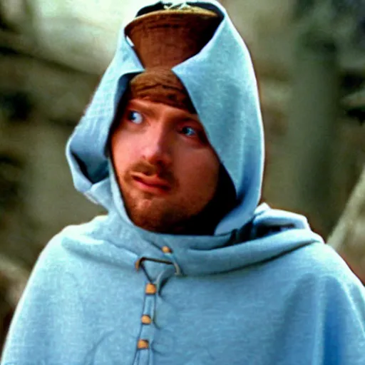 Prompt: medieval man with a light blue hood kicking a flying ( ( witch ) ), 1 9 9 1, movie still