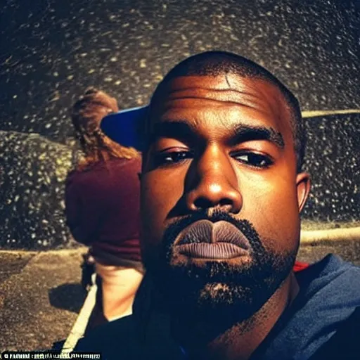 Image similar to this homeless man looks like kanye west if he was poor asf, accidentally taking a selfie, front camera, camera flash is so bright in his face, viral, selfie, viral on twitter, viral on instagram, viral photo