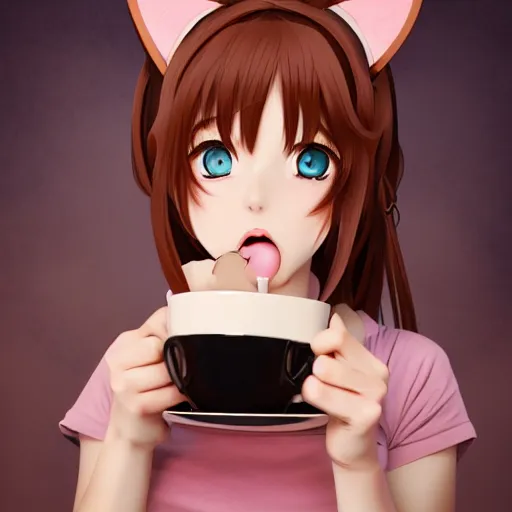 Image similar to a portrait of a girl with cat ear drinking coffee , fantasy, anime , madhouse production, HDR, natural light, shoulder level shot, dynamic pose, award winning photograph, Mucha style 4k,