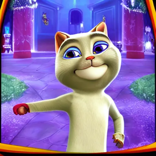 Image similar to talking tom talking with a partygoer in a liminal space, realistic, scary