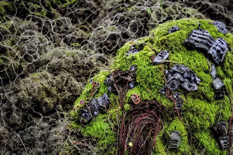 Image similar to a beautiful demonic creature covered in moss shells and electronic wires sculpture electricity earthquake, ocean, sea, dust particles, covered in dust, grind, rocks, dark clouds