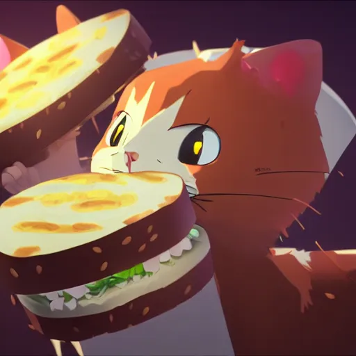 Image similar to a scared cat running away from the giant carnivorous sandwich, artstation hq, dark phantasy, stylized, symmetry, modeled lighting, detailed, expressive, true unsimulated emotions, created by hayao miyazaki