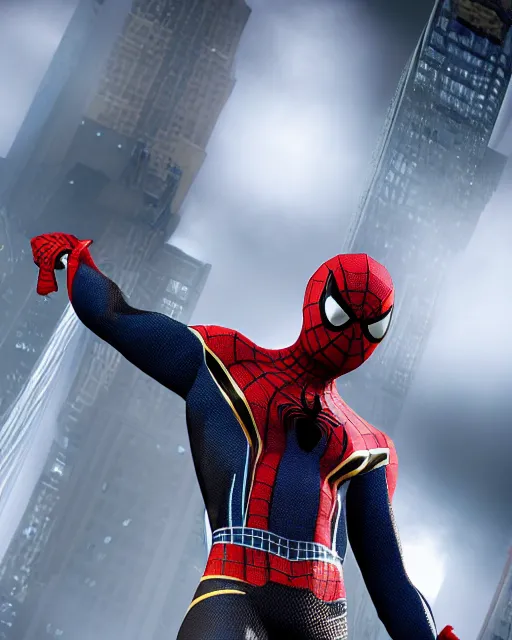 Image similar to photorealistic, hyperdetailed photograph of black spider - man suit with gold webbing by insomniac games