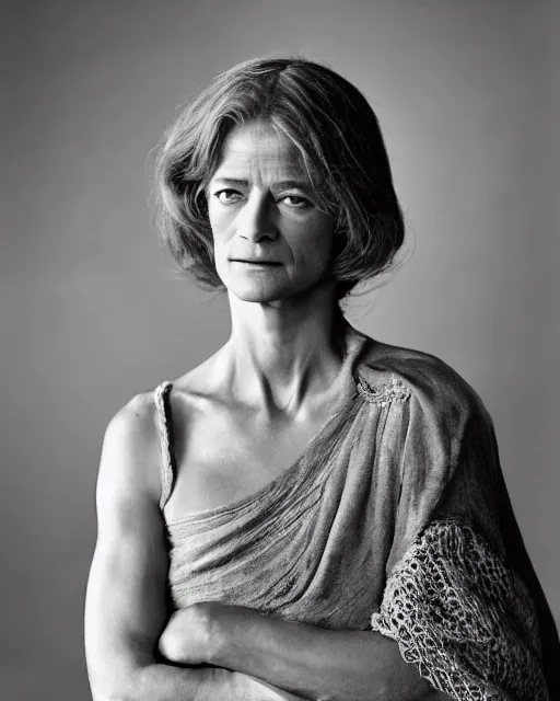 Image similar to the beautiful young actress charlotte rampling, dressed as the greek fate clotho, one of the weavers of destiny, photographed in the style of annie leibovitz, studio lighting, highly detailed, photorealistic