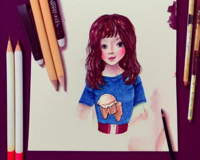 Prompt: a girl with the ice cream watercolor colored pencil painting trending on artstation