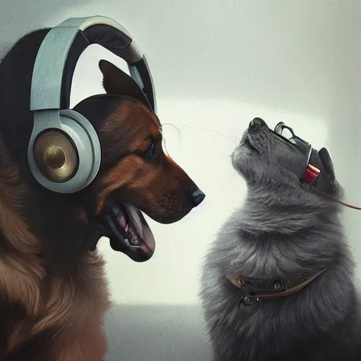 Image similar to a dog and cat wearing headphones smiling, 8 k resolution, digital art, serene, marco lens, by greg rutkowski, wlop, artgerm, artstation