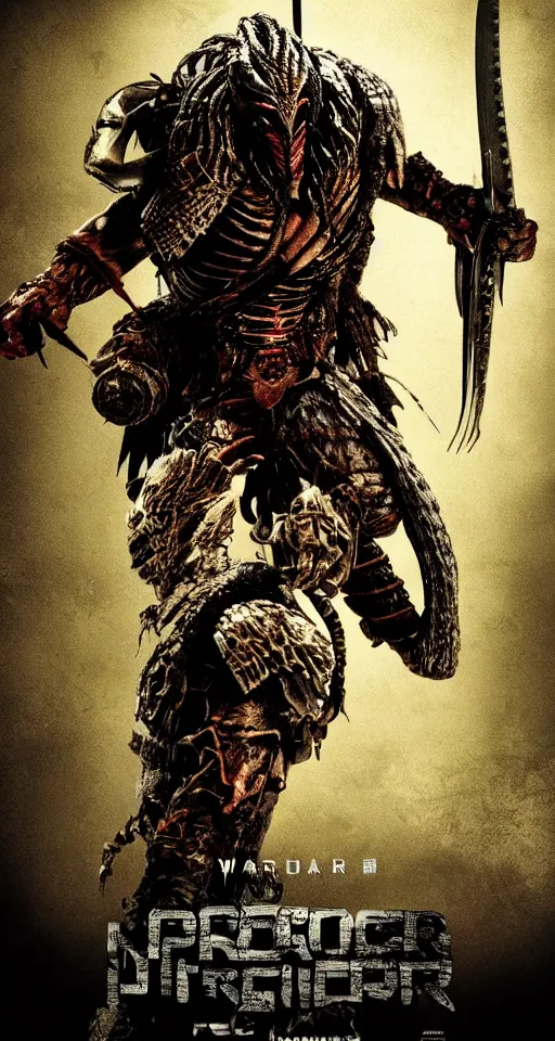 Image similar to predator movie film poster art for hiroyuki sanada as samurai verses predator. in the style of ansel adams, frank frazzetta, realistic, detailed, octane