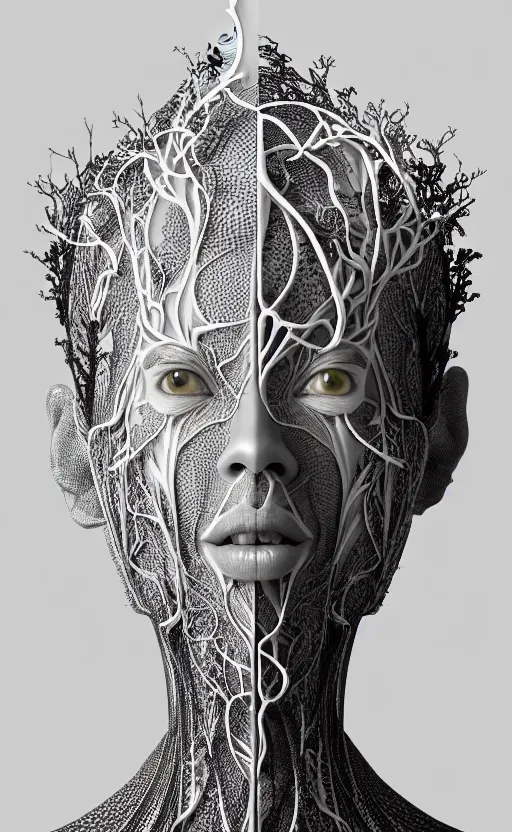 Prompt: a black and white 3D render of a beautiful profile face portrait of a female vegetal-dragon-cyborg, 150 mm, orchids, fine lace, Mandelbrot fractal, anatomical, flesh, facial muscles, wires, microchip, veins, arteries, full frame, microscopic, elegant, highly detailed, flesh ornate, elegant, high fashion, rim light, octane render in the style of H.R. Giger and Man Ray