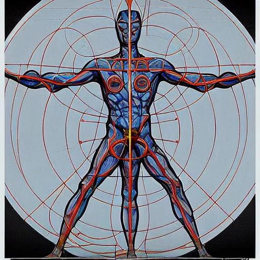 Image similar to ultraman vitruvian man by james jean and salvador dali