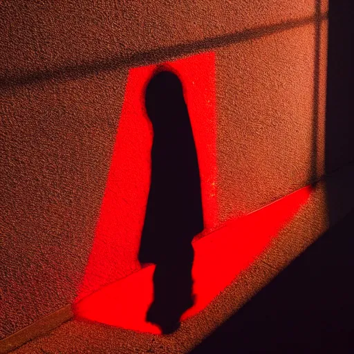 Prompt: red light from above shines through and defines the shape of her shadow on the floor below, and she sees the shape of her shadow on the floor below
