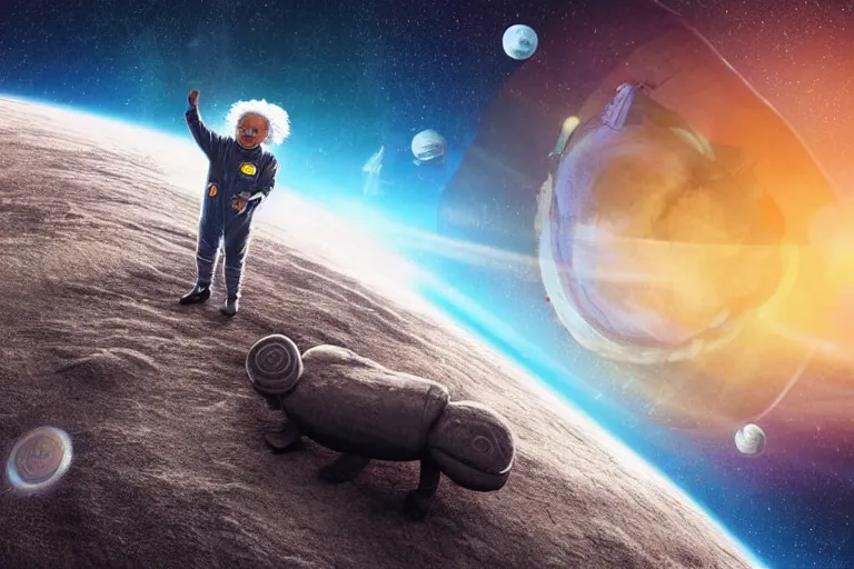 Image similar to still fullbody photo of sad albert einstein in spacesuit in space, flying island at background, flat earth on elephants and turtle at background, highly detailed, photorealistic shot, bright studio setting, studio lighting, crisp quality and light reflections, unreal engine 5 quality render