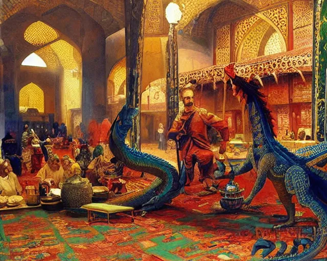 Image similar to an oil painting in the style of orientalism of dragons on display in a dragon auction in the grand bazaar of isfahan by edwin lord weeks, trending on artstation