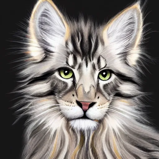 Image similar to cute fluffy grey tabby kitten with long colorful flowing lion mane with mohawk hairstyle hybrid animal detailed painting 4 k