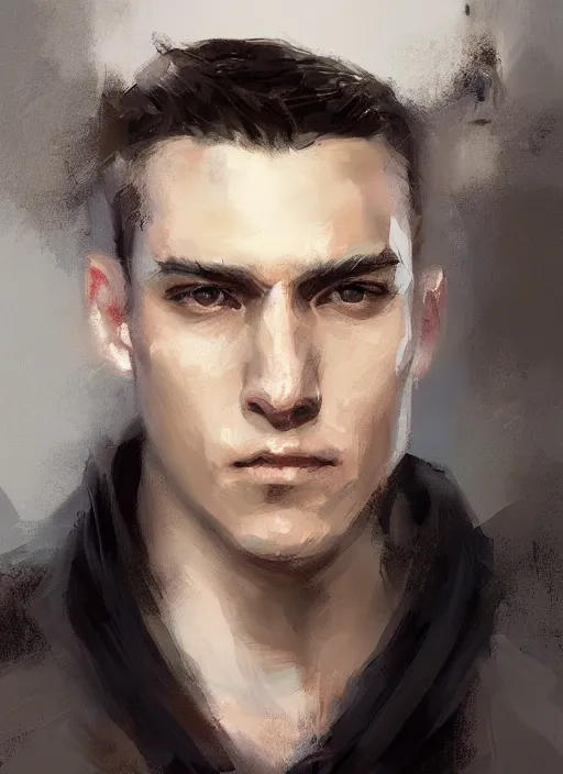 Prompt: handsome young man, white hair, clean shaven, by jeremy mann, by greg rutkowski, by noah bradley, digital painting