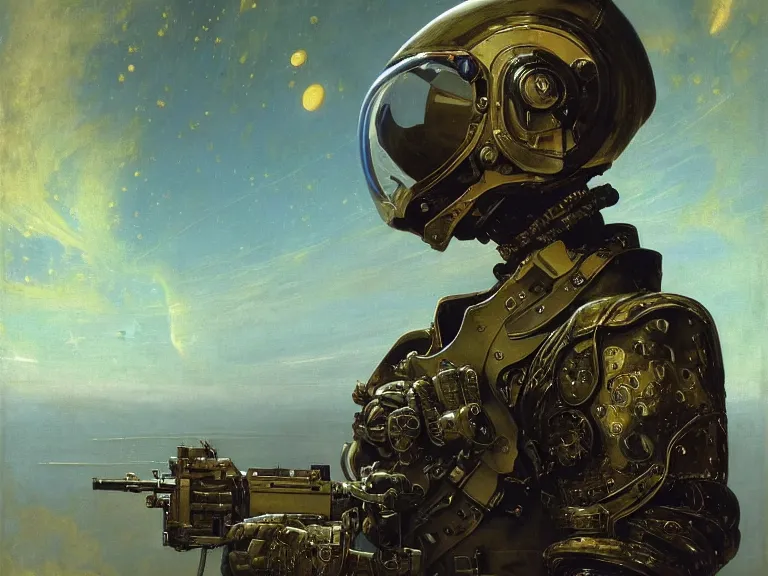 Image similar to a detailed profile oil painting of an advanced soldier in a spacesuit with reflective helmet, advanced technology flight suit, portrait symmetrical and science fiction theme with aurora lighting clouds and stars by beksinski carl spitzweg and tuomas korpi. baroque elements, full-length view. baroque element. intricate artwork by caravaggio. Trending on artstation. 8k