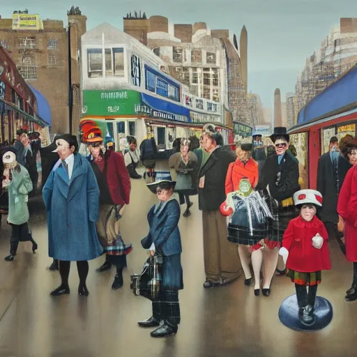 Image similar to oil painting of mornington crescent, rain in the southeast, men wearing bowler hats, kids with spats on their shoes, ladies with chauffeurs, dogs wearing hats and jackets, rich apartments, old punk posters, tartan garments, by neo rauch, by peter blake