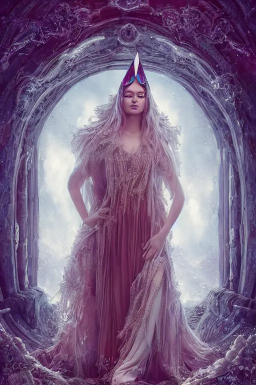 Image similar to Atmospheric detailed photography of a beautiful magician , wearing crystal fractal tiara, Symmetrical composition, fantasy long intricate gown, sharp focus, octane render, high quality, 8k, volumetric lighting, color grading, by Tom Bagshaw and James Jean and Artgerm