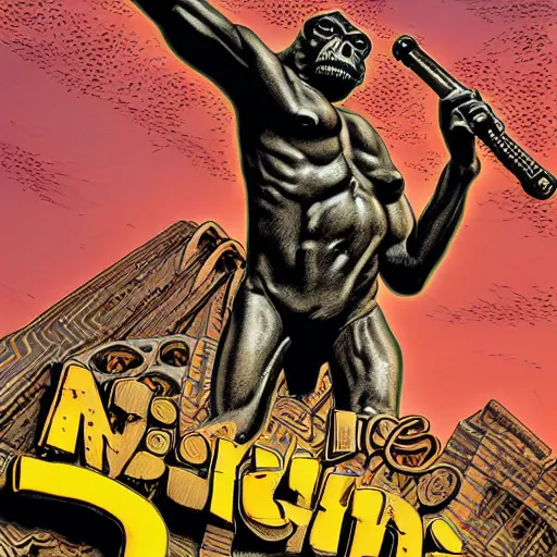 Prompt: precisely drawn illustration of a giant bronze statue shaped like a monkey, wide angle, sharp, fine details, French comic style, vibrant realistic colors, full color, heroic fantasy, intense line art, 8k, precise linework, realistic, in the style of Heavy Metal Comics and Richard Corben and Moebius