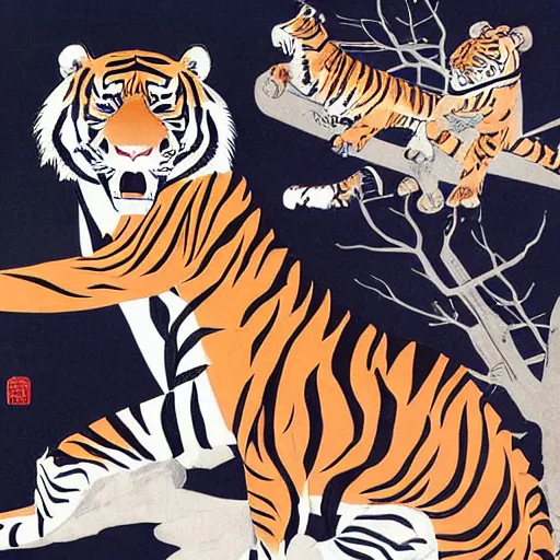 Image similar to a delorean protecting a tiger, japanese magazine collage, art by hsiao - ron cheng and utagawa kunisada