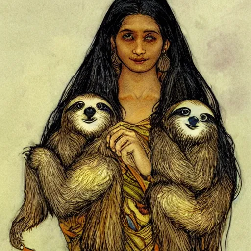 Image similar to a cottagecore indian witch holding a cute sloth, highly detailed, masterpiece, illustrated, art by rebecca guay