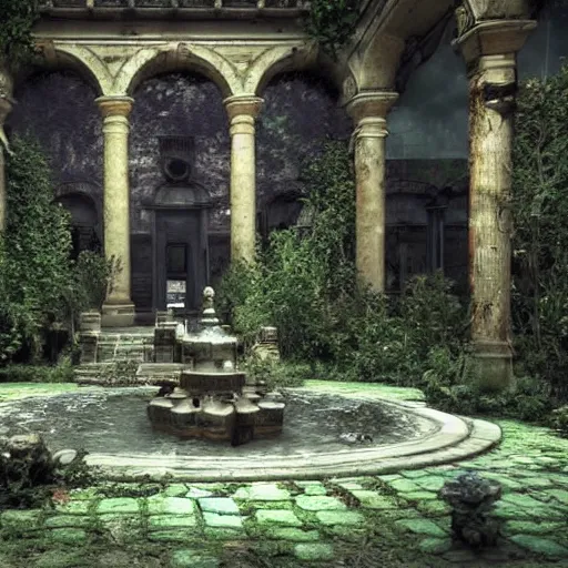 Image similar to abandoned garden inside a dark mansion, fountain, dead flowers, realistic, highly detailed, background of resident evil game