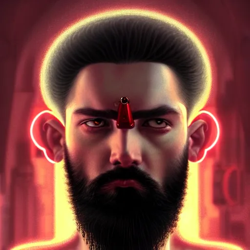 Prompt: bearded man with extremely large and intricate haircut with angry red eyes and slim features looking askance, eye cyberpunk bionics, retro futurist style, intricate, elegant gleaming intricate baroque jewelry, angelic halo, highly detailed, digital painting, artstation, concept art, smooth, sharp focus, illustration, art by wlop, mars ravelo and greg rutkowski,