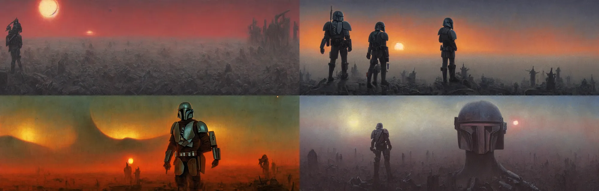 Prompt: close up mid shot of mandalorian with backlight watching nuclear war explosion on jupiter graveyard wasteland with fog during sunset , panoramic cinematic very sharp oil painting by beksinski