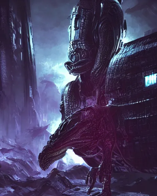 Image similar to Sci-Fi Crocodile alien, armored, big, art by Kashin, Wadim, Martinière, Stephan, holding rifle, sharp focus, pitch black cursed evil Spaceship hallway, dark light, soft purple glow, heroic pose, sci-fi artwork, octane render, dead space artwork, cyberpunk, warm light, occult, magical, volumetric lighting, 8k high definition, highly detailed, trending on art Station, centered, by Greg Rutkovski, sci-fi artwork, arnold render