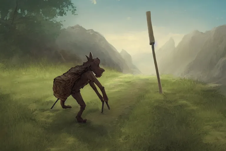 Image similar to a lone brownish whiteish kobold traveling the long dirt road carrying a bindle stick, d & d, fantasy setting, character concept art, 4 k, digital art