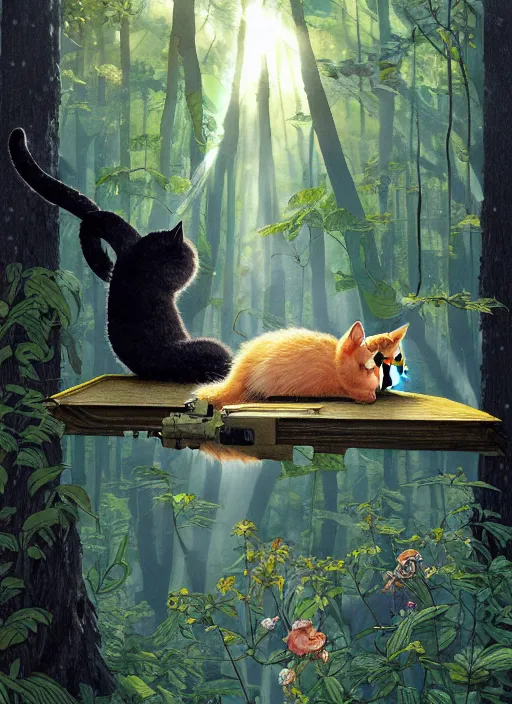 Image similar to a hyper realistic ink cat and the meaning of life and sunbeams blue sky, lush forest poster art by chiara bautista and kim jung giu and norman rockwell and greg rutkowski weta studio, and lucasfilm