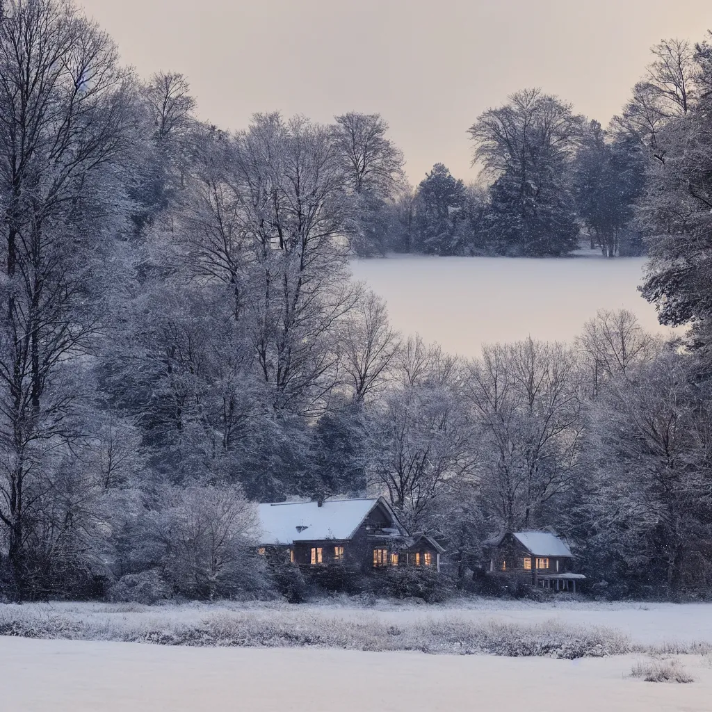 Prompt: landscape with house near forest and small pond, sunny winter evening, snowing, blizzard ambient, atmospheric, mystical, very detailed 4 k, professional photography