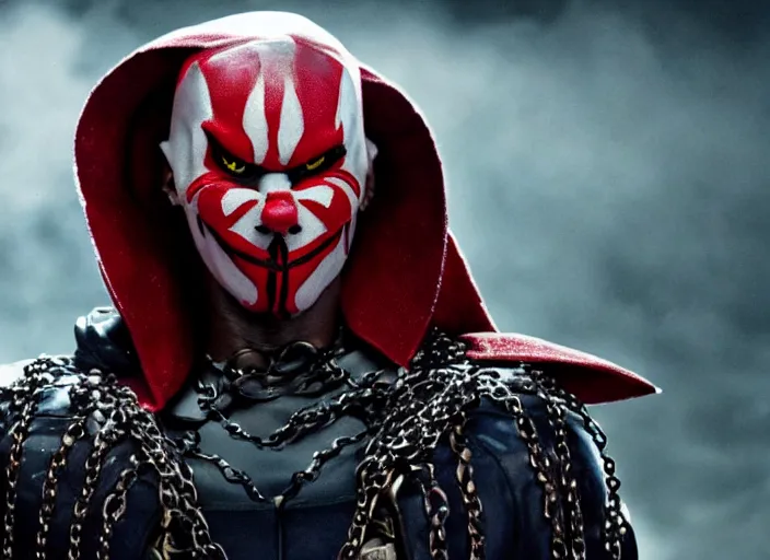 Image similar to film still of jamie foxx as spawn in the new spawn movie, giant chains, large cape, 8 k