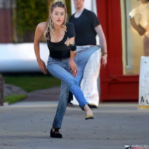 Prompt: Amber Heard goose-stepping on a bed