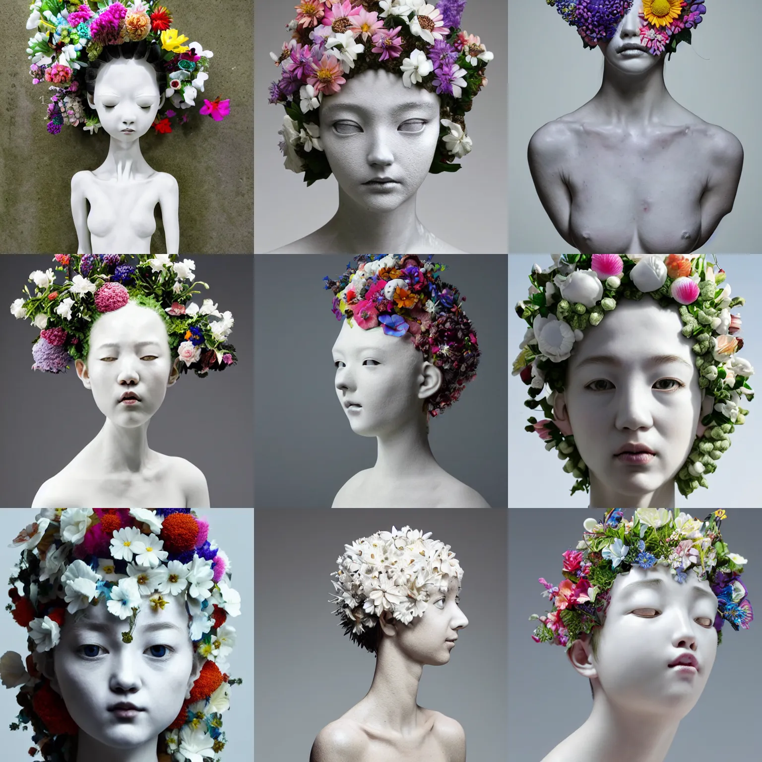 Prompt: full head and shoulders, beautiful female happy white, award - wining porcelain sculpture, with lots of colorful flowers attached to head by yoshitaka amano, daniel arsham and sandra chevrier, on a white background, delicate facial features, white eyes, white lashes, high - resolution, perfect composition
