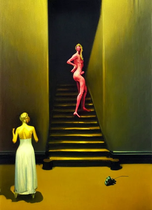 Prompt: there's a lady who's sure, all that glitters is gold, and she's buying a stairway to heaven, skinny, insane, hauntingly surreal, highly detailed oil painting, by francis bacon, edward hopper, adrian ghenie, glenn brown, triadic colours, soft light, 8 k hd, cinematic composition, cinematic lighting