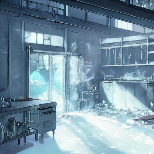 Image similar to interior of the frozen meth lab, anime fantasy illustration by tomoyuki yamasaki, kyoto studio, madhouse, ufotable, square enix, cinematic lighting, trending on artstation