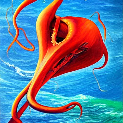 Image similar to A giant squid destroying a cruise ship in the middle of the ocean, oil painting