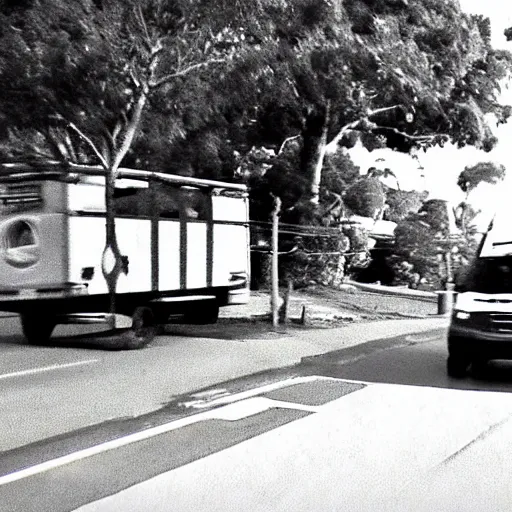Image similar to cctv footage of a btr driving past a suburban neighbhoorhood, realistic, highly detailed, black and white, at night, taken on a security cctv camera.