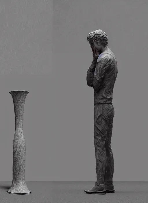 Image similar to a sculpture of a man standing next to a tall vase, a raytraced image by Hikari Shimoda, polycount, video art, vray tracing, ray tracing, rendered in unreal engine