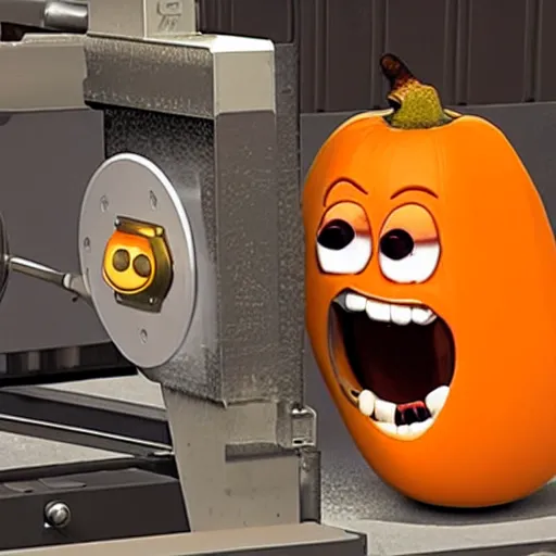 Prompt: the annoying orange getting crushed under a hydraulic press